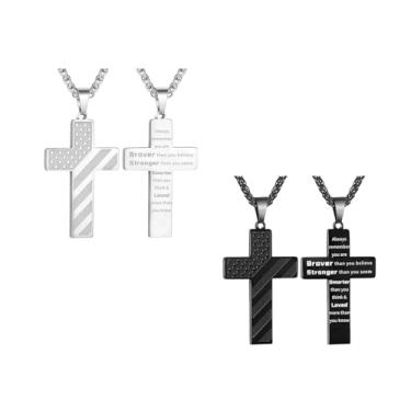 Imagem de Liiusgelad 2 unidades de colar de cruz para homens e mulheres, corrente de aço inoxidável com pingente de cruz prata/preta, presentes de batismo católico para homens e meninos, caixa de joias incluída