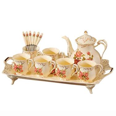 Imagem de Conjuntos de chá de porcelana para adultos, conjunto de xícaras de café com bule de chá, conjunto de chá da tarde com colheres combinando, serviço de chá de flores de cerâmica