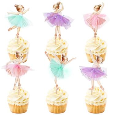 Imagem de Keaziu Pacote com 24 topos de cupcake bailarina tutu rosa roxo balé menina picaretas de cupcake bolo dançante sobremesa topos de muffin para casamento, chá de bebê, festa de aniversário