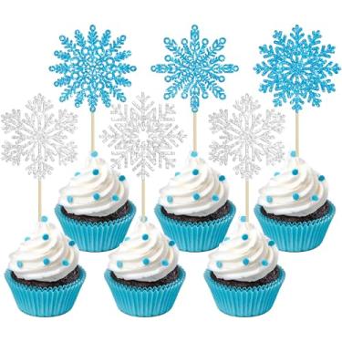 Imagem de 30Pcs Snowflake Cupcake Toppers Silver Blue Glitter Snowflake Cupcake Picks for Winter Frozen Theme Baby Shower Kids Birthday Christmas Party Cake Decorations Supplies