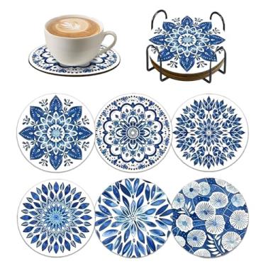 Imagem de Conjunto de 6 porta-copos para decoração de flores azuis e brancas, porta-copos de madeira para casa nova, apartamento, cozinha, bar, sala de estar