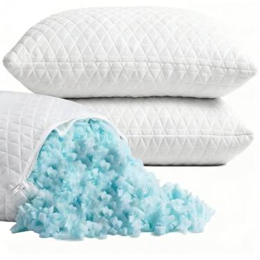 Imagem de Almofadas de espuma viscoelástica desfiadas para dormir, conjunto de 2 almofadas de cama queen size de resfriamento ajustável, bom para dormir de lado e de costas com capa removível lavável