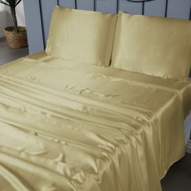 Imagem de Jogo de Lençol Casal Queen Sublime 4 Peças, Cetim Charmousse, 2,50m x 2,40m, com Elástico e Fronhas 70x50cm (Dourado)