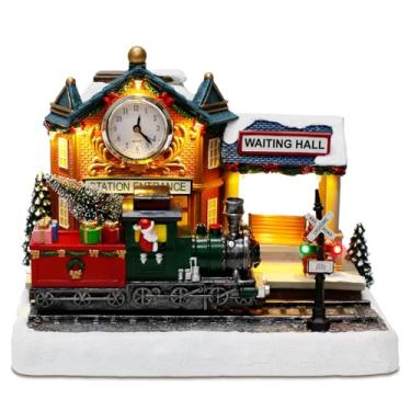 Imagem de innodept12 Decoração de mesa de estação de trem animada de Natal – Edifício iluminado com relógio, música, luzes LED, trem de mudança – Exibição interna da vila de Natal (estação de trem)