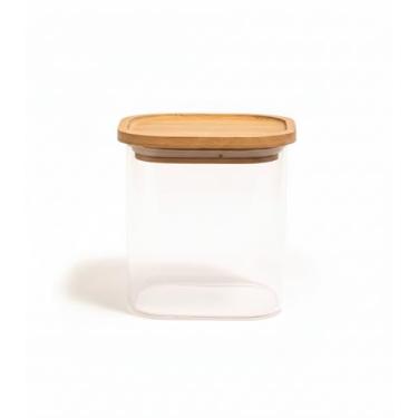 Imagem de Pote de Vidro Quadrado Tampa Bambu 800ml Empilhável Hermético