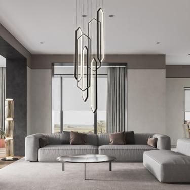 Imagem de Lustre LED moderno dourado, luminária pendente grande de alumínio para tetos altos, com controle remoto, 6 lâmpadas, ideal para escadas, hall de entrada, sala de estar e hall de entrada de c