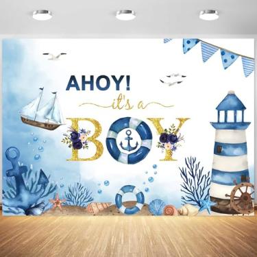 Imagem de 2,1 x 1,5 m Ahoy It's a Boy Pano de fundo para chá de bebê, decorações de festa, náutico, azul marinho, praia, gaivota, navio, âncora, coral, concha, fundo fotográfico, adereços de estúdio fotográfico