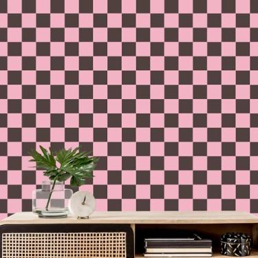 Imagem de Amiya Papel de parede quadriculado preto rosa para contato descascar e colar quadriculado moderno papel de parede mosaico autoadesivo vinil removível para armários, forro de prateleira, quarto, 43 x