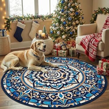 Imagem de jinchan Tapete redondo mandala 1,8 m azul boho tapete lavável marroquino 1,8 m redondo moderno pacífico tapete macio antiderrapante de perfil baixo para sala de estar, quarto, sala de jantar, pátio
