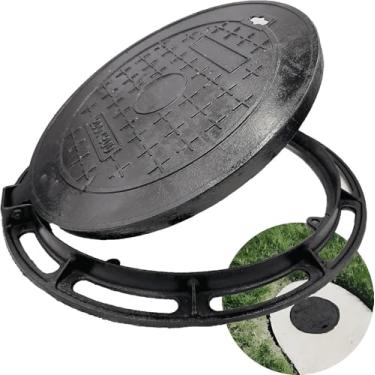 Imagem de MOSINSBO Tampa e moldura de ferro fundido de 71 cm, tampa de tanque séptico preta classe B com base, tampa redonda para pia de esgoto, tampa de inspeção de metal resistente para garagem, concreto