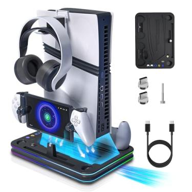 Imagem de 3-in-1 PS5 Charging Stand: PS5 Cooling Station with RGB LED Light and Cooling Fan, PS5 Controller Charger for Dual Sense/Edge Controller, and Holders for Headset, Remote, and PS Portal Charger