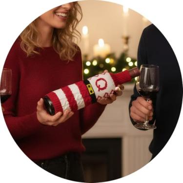 Imagem de Capa de garrafa de vinho, decoração de mesa de Natal divertida para festas de fim de ano, manga de vinho de malha para troca de presentes, decoração de casa