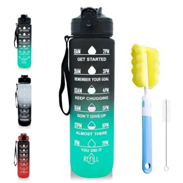 Imagem de WATMHHJQ Garrafa de água esportiva de 946 ml ao ar livre, com etiquetas de tempo e capacidade de beber, copos de água esportivos com canudo, à prova de vazamento sem BPA, para academia, corrida