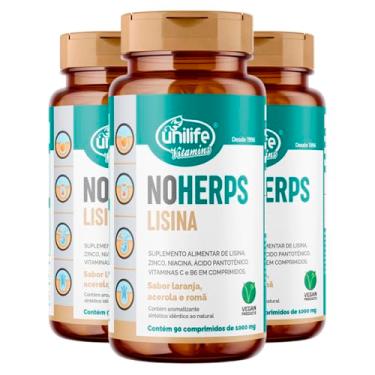 Imagem de Kit 3 NoHerps Lisina 1000mg Unilife 90 comprimidos Laranja e Acerola