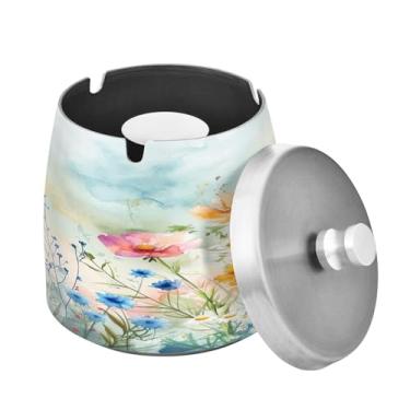 Imagem de Blueangle Cinzeiro abstrato de flores silvestres em aquarela com tampa para cigarros, à prova de vento/chuva, aço inoxidável, sem fumaça, inodoro, cinzeiro para uso interno ou externo (446)