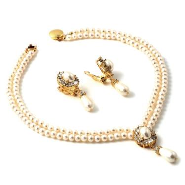 Imagem de Topwholesalejewel Colar de pérolas creme dourado com strass de cristal e pingente de centro de pérola creme e brincos pendentes combinando conjunto de joias