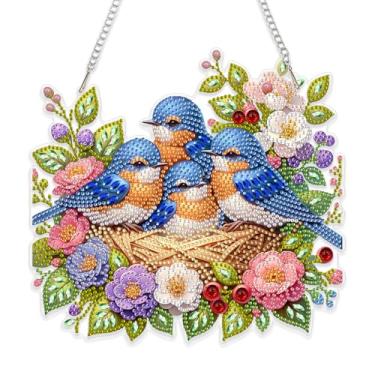 Imagem de Eiflow Kit de pendurar arte de diamante de primavera para adultos, kit de pintura de diamantes faça você mesmo, enfeite especial de pingente de pintura de diamante de cristal (pássaros)