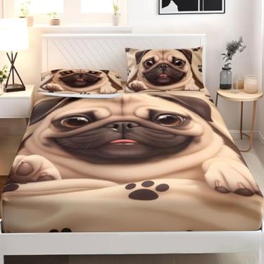 Imagem de AILONEN Jogo de lençol com estampa de cachorrinho fofo - solteiro, desenho de cachorro pug kawaii, estampa de pata kawaii, para decoração de quarto, 3 peças, 1 bolso profundo e 2 fronhas