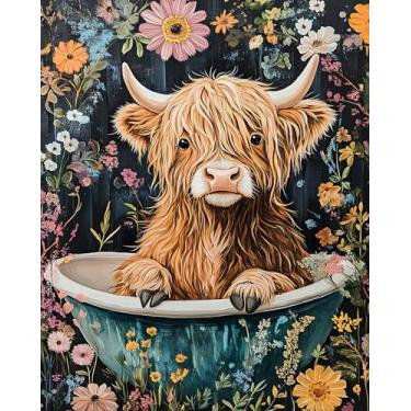 Imagem de TFIAVSIN Kit de pintura por números para adultos, tela de pintura por números – vaca Highland na banheira cercada por flores, kits de pintura por números para adultos faça-você-mesmo para iniciantes