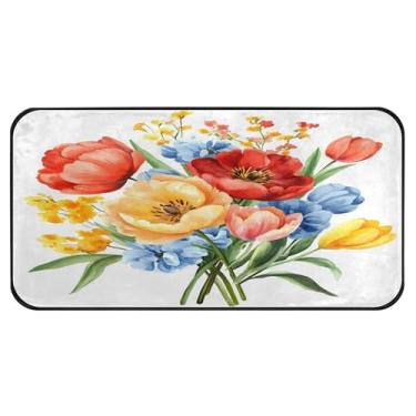 Imagem de Burbuja Tapete de cozinha com buquê floral em aquarela 51 x 99 cm, tapete antiderrapante lavável com suporte de borracha, tapete para cozinha, sala de estar, banheiro, decoração de casa