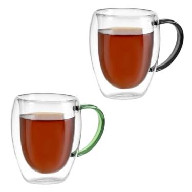 Imagem de Kit Conjunto 2 Xícaras de Vidro Borossilicato Parede Dupla 350ml Transparente com Alça Colorida - 1 Preta e 1 Verde