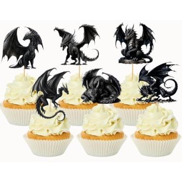 Imagem de 24 peças de enfeite de cupcake de dinossauro decorações de bolo de dragão decorações de aniversário de dinossauro decorações de festa de aniversário de dragão