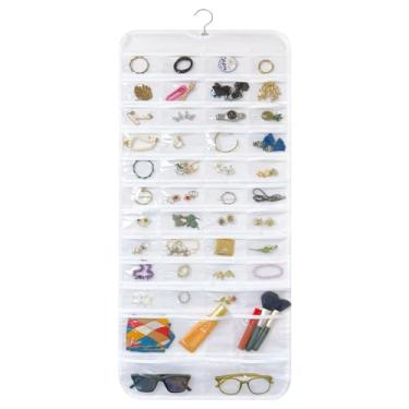 Imagem de Bloss Organizador de joias para pendurar com 90 bolsos, organizador de brincos para presente de dia dos namorados, suporte de joias de dupla face para brincos, colares, anéis no armário, parede, porta