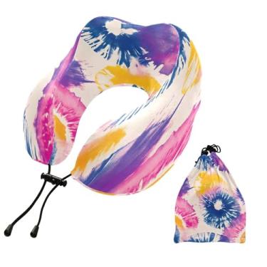 Imagem de CEBUGI Travesseiros de viagem portáteis em forma de U, travesseiro de pescoço de espuma viscoelástica com trava de corda ajustável para avião, viagem, trem, negócios, escritório, soneca (colorido
