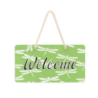 Imagem de Burbuja Placa de boas-vindas Dragonflies on Green para porta da frente, placa de boas-vindas de PVC para decoração de férias, 15 x 28 cm