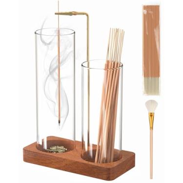 Imagem de Suporte de incenso 2 em 1, grande suporte de incenso de vidro para palitos, queimador de incenso de madeira de cabeça para baixo com coletor de cinzas e armazenamento de incenso para meditação, ioga