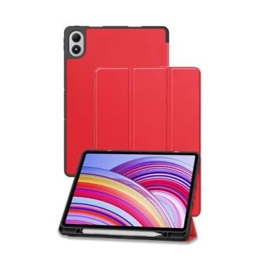 Imagem de Capa para tablet Redmi Pad 2 Pro de 12,1 polegadas, capa de textura de couro resistente FJIASTB arranhões com suporte de três dobras, hibernar/despertar automático (vermelho)