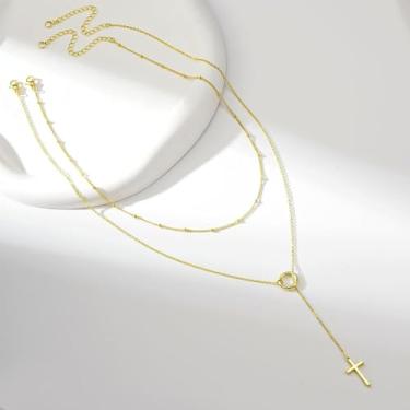 Imagem de Colar de cruz de camada dupla simples e empilhável, One Size, Metal, Sem Pedra Preciosa