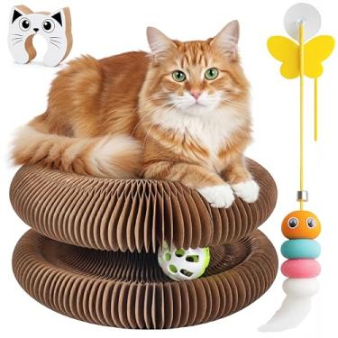 Imagem de Lubana Kitty Kuzl Brinquedo interativo para gatos, marrom e branco, design de colmeia de papelão, bola dobrável com cara de gato, brinquedo interno, 15 x 20 x 6 cm