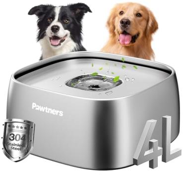Imagem de Pawtners Tigela de água para cães sem derramamento, 3,827 g/4L, toda em aço inoxidável, com base antiderrapante, à prova de derramamento para bebedores bagunçados médios e grandes, antirespingos