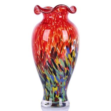 Imagem de Vaso de vidro de arte soprado à mão, vaso de flores decorativo de borda com babados coloridos (vermelho)