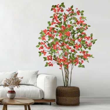 Imagem de Buganvílias artificiais de 1,82 m com flores vermelhas realistas em plantador branco, árvore grande de flores falsas, planta falsa de 182,88 cm de altura para decoração de casamento