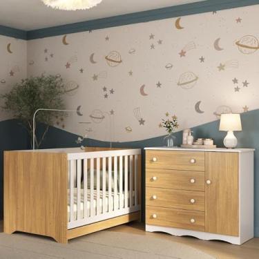 Imagem de Berço Americano 3 em 1 com Cômoda 1 Porta 4 Gavetas Realeza Multimóveis Mp4685 Branco/madeirado