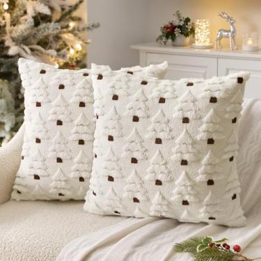 Imagem de MIULEE Capas de almofada decorativas para árvore de Natal, capas de almofada de lã sintética, conjunto de 2 almofadas de sofá, decoração de casa para sofá, sala de estar, cama, creme de 50 x 50 cm