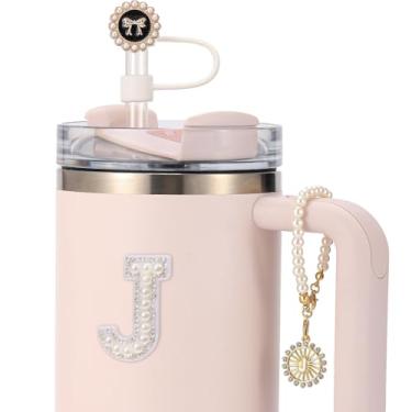 Imagem de 3 peças Stanley Cup Accessories - Capa de canudo para copo de 30 e 1,134 g Topo de palha de 10 mm, corrente de pingentes iniciais de silicone para decoração de alça e adesivo de letras - I