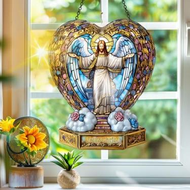 Imagem de Apanhador de sol de acrílico colorido, decoração de janela suspensa de Jesus, arte de parede de arco-íris, para varanda, interior e exterior, jardim, enfeites de Natal, decoração de 19 x 19 cm, CH#63