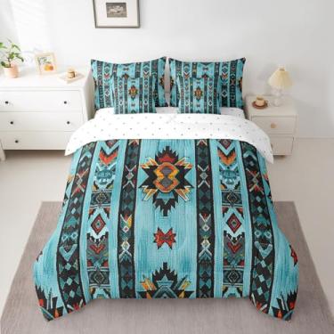 Imagem de Feelyou Jogo de cama casal azul profundo do sudoeste, geométrico, conjunto de 7 peças, estilo tribal exótico, índio nativo americano, conjunto de cama com edredom, lençol e fronhas