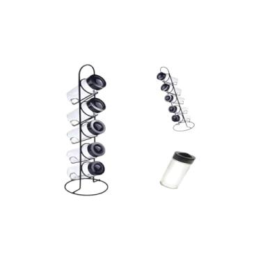 Imagem de Conjunto 5 Porta Condimentos com Suporte Vertical, Vidro e Ferro, Preto, Tampa Giratória, 40cm Altura, Organizador de Temperos