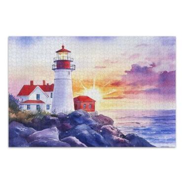 Imagem de Lighthouse Rocks Quebra-cabeças legais pôr do sol com letras nas costas para adultos 1000 peças
