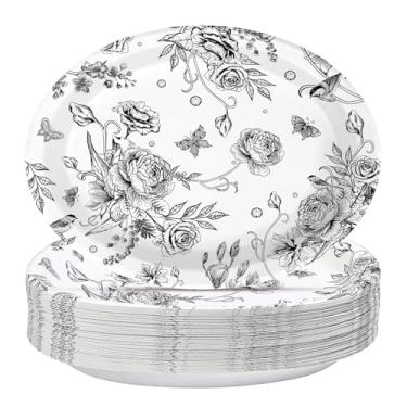Imagem de 50Pcs Black Floral Oval Paper Plates 10" x 12" Large Disposable Heavy Duty Vintage Wildflower Paper Dessert Platter Black and White Flower Plate for Wedding Birthday Bridal Shower Tea Party Supplies