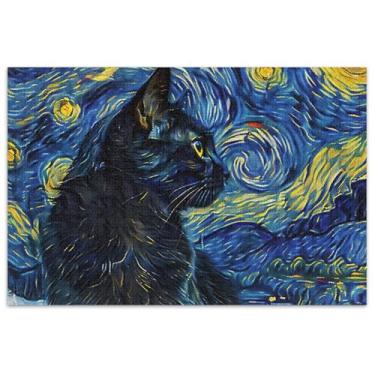 Imagem de Quebra-cabeça adulto noite estrelada gato preto 500 peças engraçados rígidos para adultos estampa de flores animais