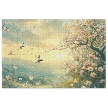 Imagem de Quebra-cabeça com cenário de pássaros em flor de cerejeira, 1000 peças, arte colorida, adulto, presente divertido, bobo
