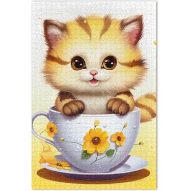 Imagem de Quebra-cabeça fofo de gato com copo de gatinho para adultos, 500 peças, paisagem floral, quebra-cabeça colorido, presentes para jogo de elefante branco