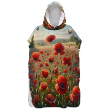 Imagem de Joisal Poncho de surf leve para adultos trocador de roupa de praia com capuz toalha de banho flores papoula homens mulheres poncho com capuz