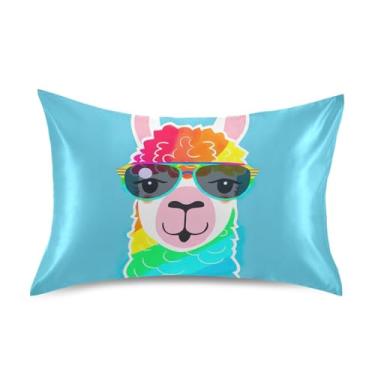 Imagem de Lindas fronhas de cetim azul lhama arco-íris estampa divertida resfriamento padrão queen king fronhas cama presentes de vida saudável tamanho padrão 66 cm x 50 cm