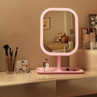 Imagem de DAMCROP Espelho de maquiagem iluminado, rosa, espelho de LED recarregável com base de armazenamento, 3 modos de cor, rotação de 360°, mesa